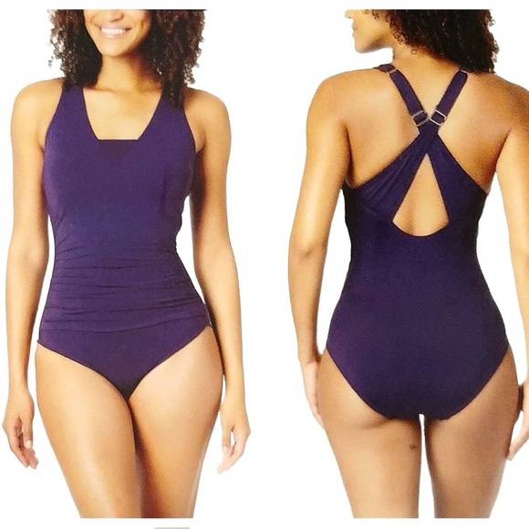 Lands End One Piece swimsuit Ruching Flattering Built in Bra Size XXL EUC - Picture 1 of 7
